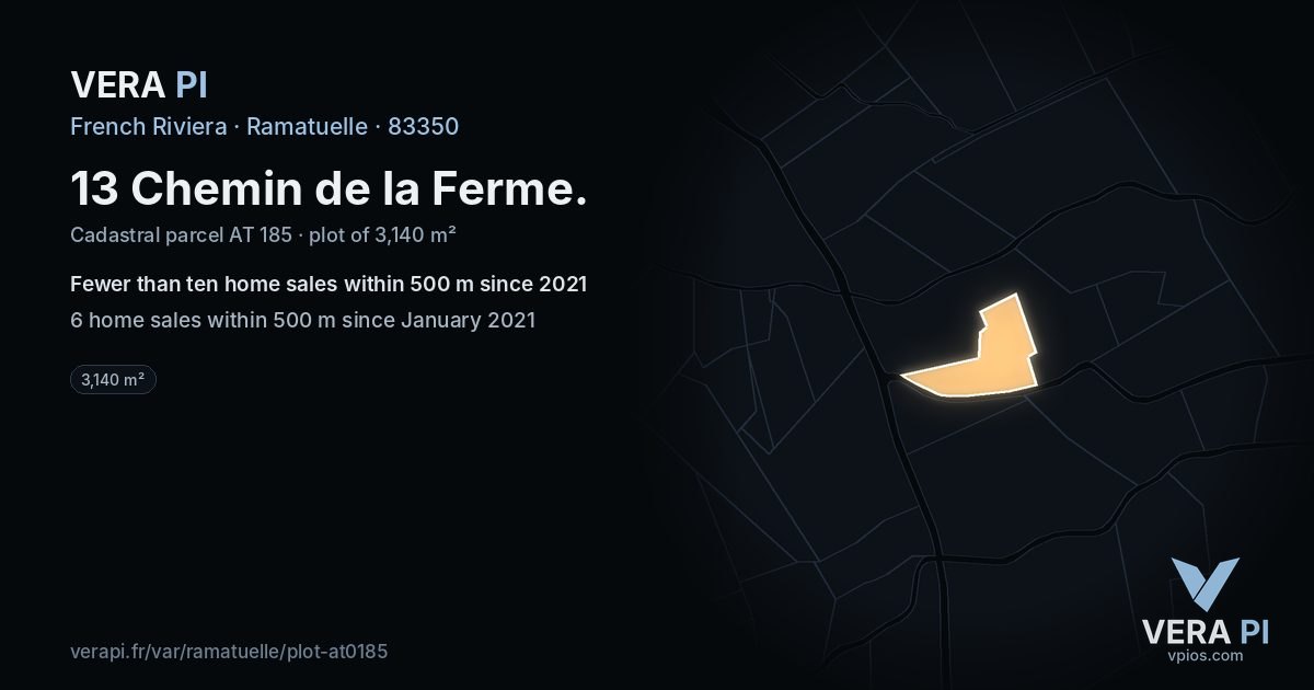 13 Chemin de la Ferme, Ramatuelle at night – the plot lit, the parcels around coloured by the prices near them