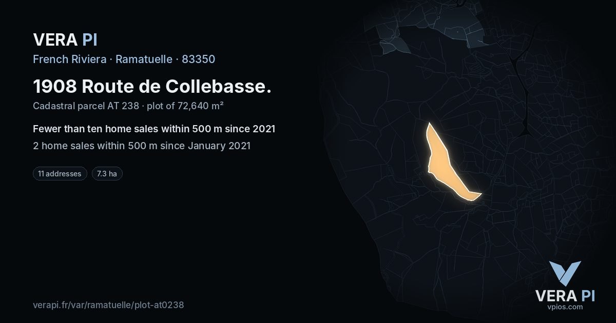 1908 Route de Collebasse, Ramatuelle at night – the plot lit, the parcels around coloured by the prices near them