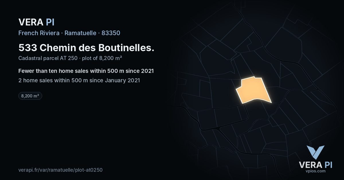 533 Chemin des Boutinelles, Ramatuelle at night – the plot lit, the parcels around coloured by the prices near them