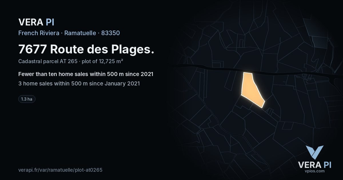 7677 Route des Plages, Ramatuelle at night – the plot lit, the parcels around coloured by the prices near them