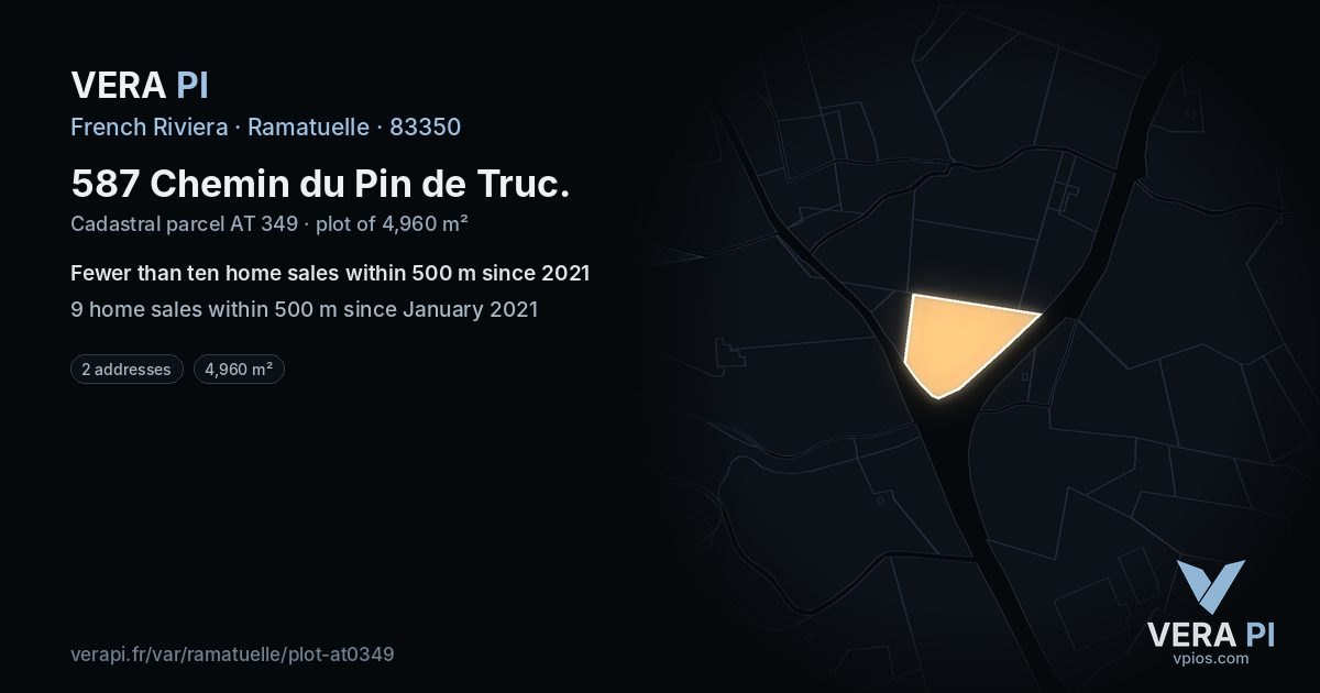 587 Chemin du Pin de Truc, Ramatuelle at night – the plot lit, the parcels around coloured by the prices near them