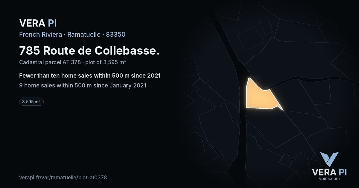 785 Route de Collebasse, Ramatuelle at night – the plot lit, the parcels around coloured by the prices near them