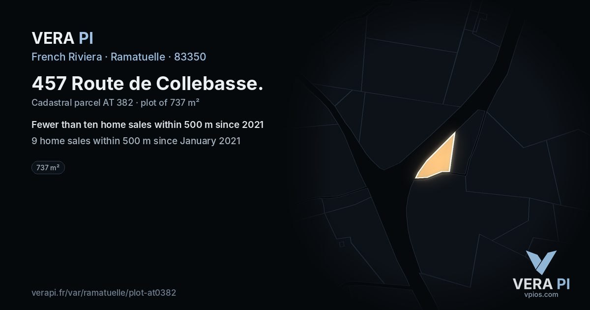 457 Route de Collebasse, Ramatuelle at night – the plot lit, the parcels around coloured by the prices near them