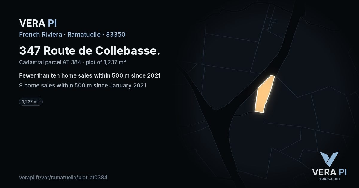 347 Route de Collebasse, Ramatuelle at night – the plot lit, the parcels around coloured by the prices near them