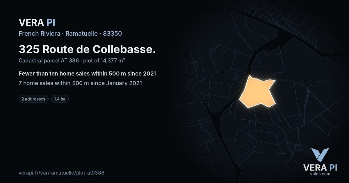 325 Route de Collebasse, Ramatuelle at night – the plot lit, the parcels around coloured by the prices near them