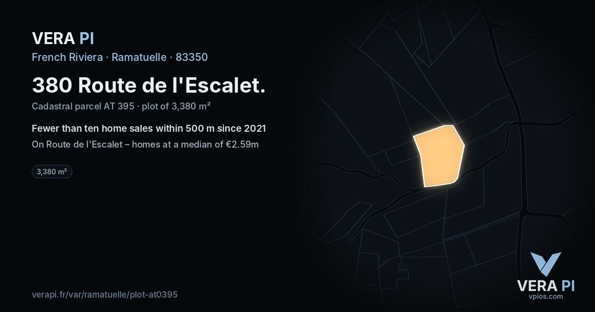 380 Route de l'Escalet, Ramatuelle at night – the plot lit, the parcels around coloured by the prices near them