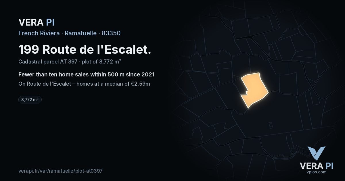 199 Route de l'Escalet, Ramatuelle at night – the plot lit, the parcels around coloured by the prices near them