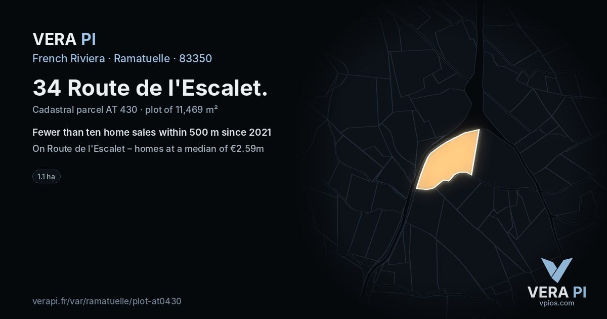 34 Route de l'Escalet, Ramatuelle at night – the plot lit, the parcels around coloured by the prices near them