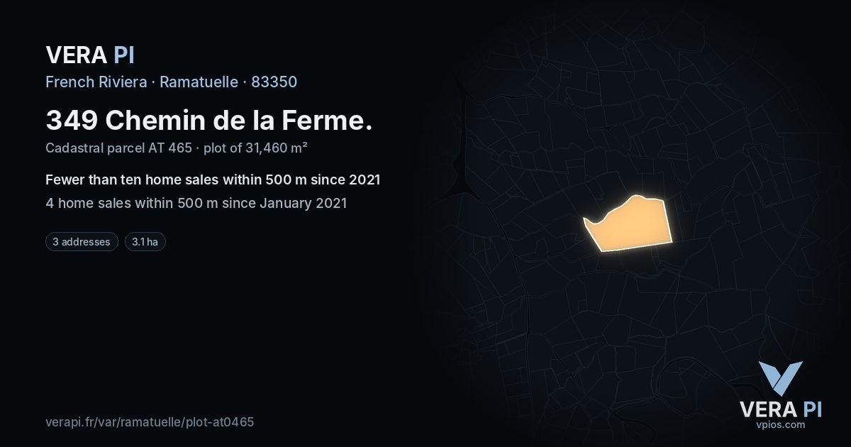 349 Chemin de la Ferme, Ramatuelle at night – the plot lit, the parcels around coloured by the prices near them
