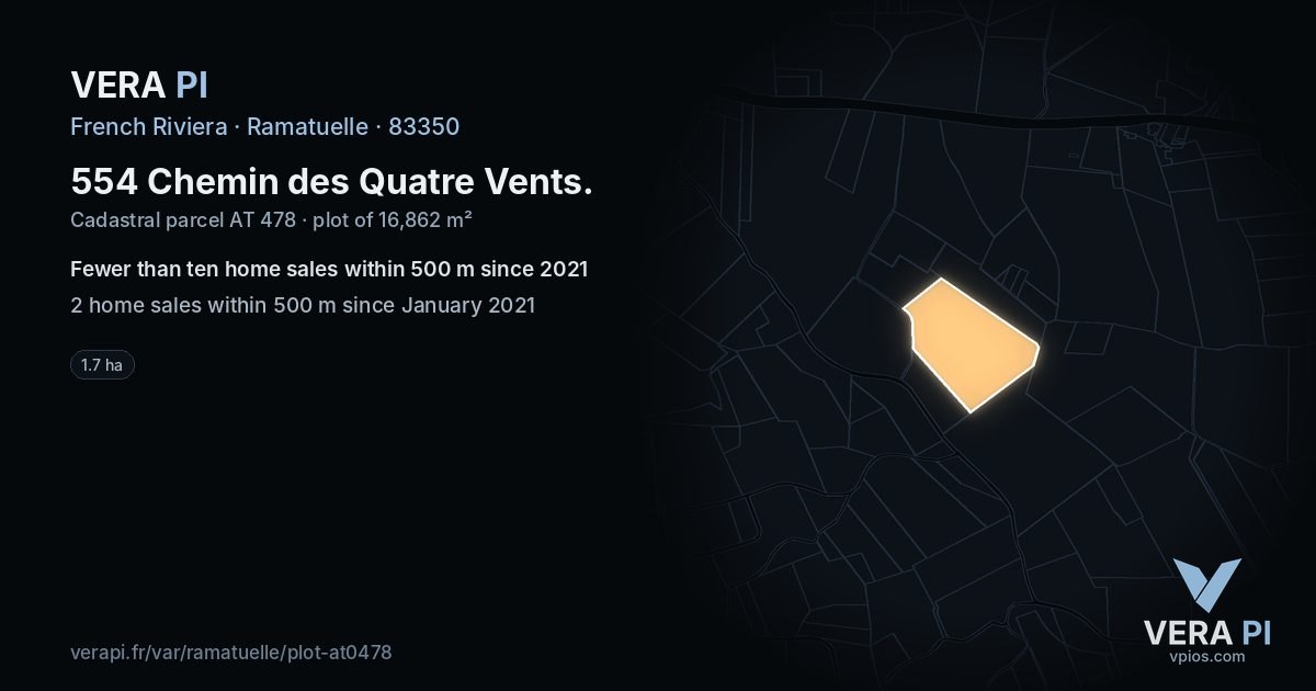 554 Chemin des Quatre Vents, Ramatuelle at night – the plot lit, the parcels around coloured by the prices near them