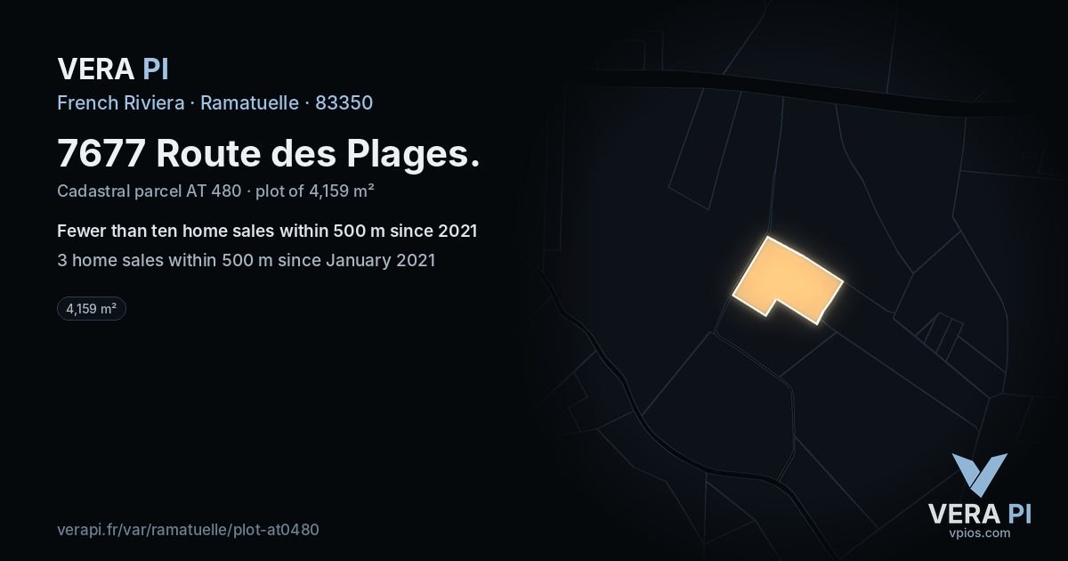 7677 Route des Plages, Ramatuelle at night – the plot lit, the parcels around coloured by the prices near them