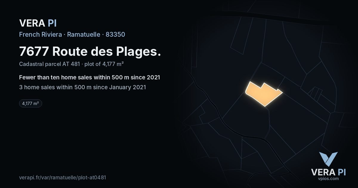7677 Route des Plages, Ramatuelle at night – the plot lit, the parcels around coloured by the prices near them