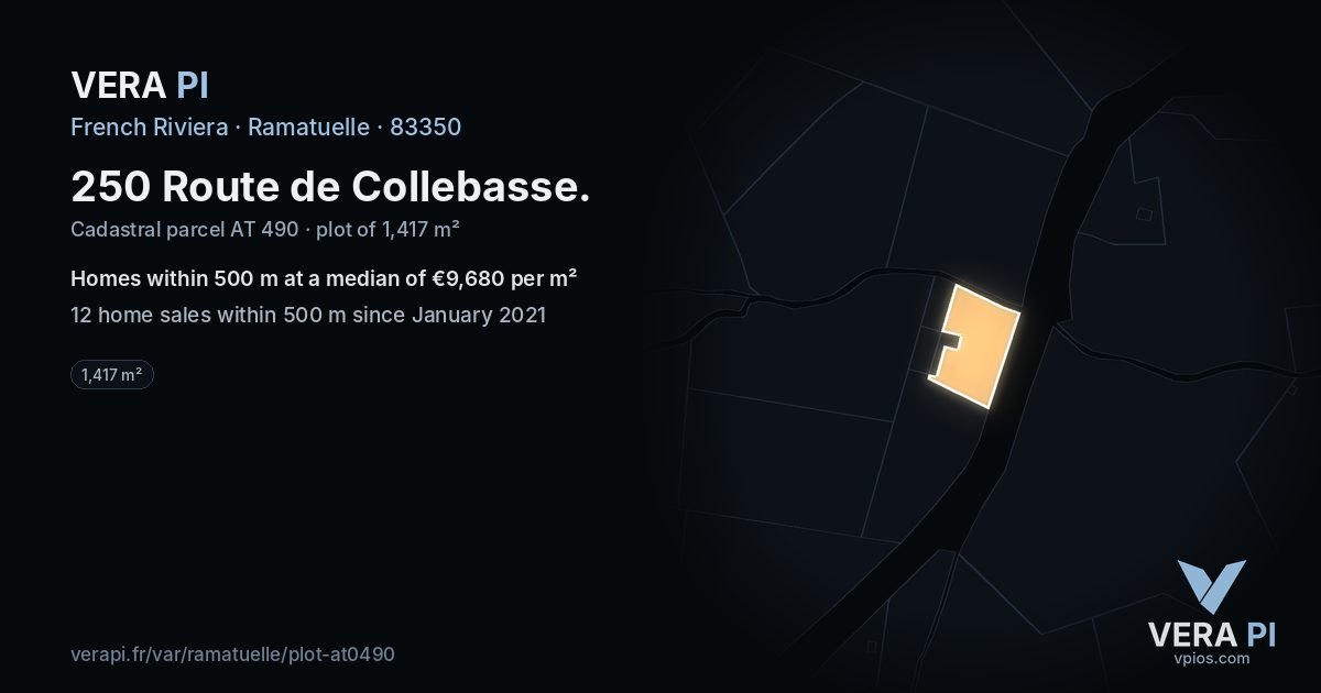 250 Route de Collebasse, Ramatuelle at night – the plot lit, the parcels around coloured by the prices near them