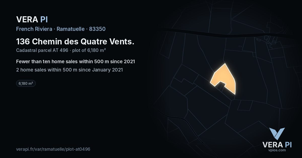 136 Chemin des Quatre Vents, Ramatuelle at night – the plot lit, the parcels around coloured by the prices near them