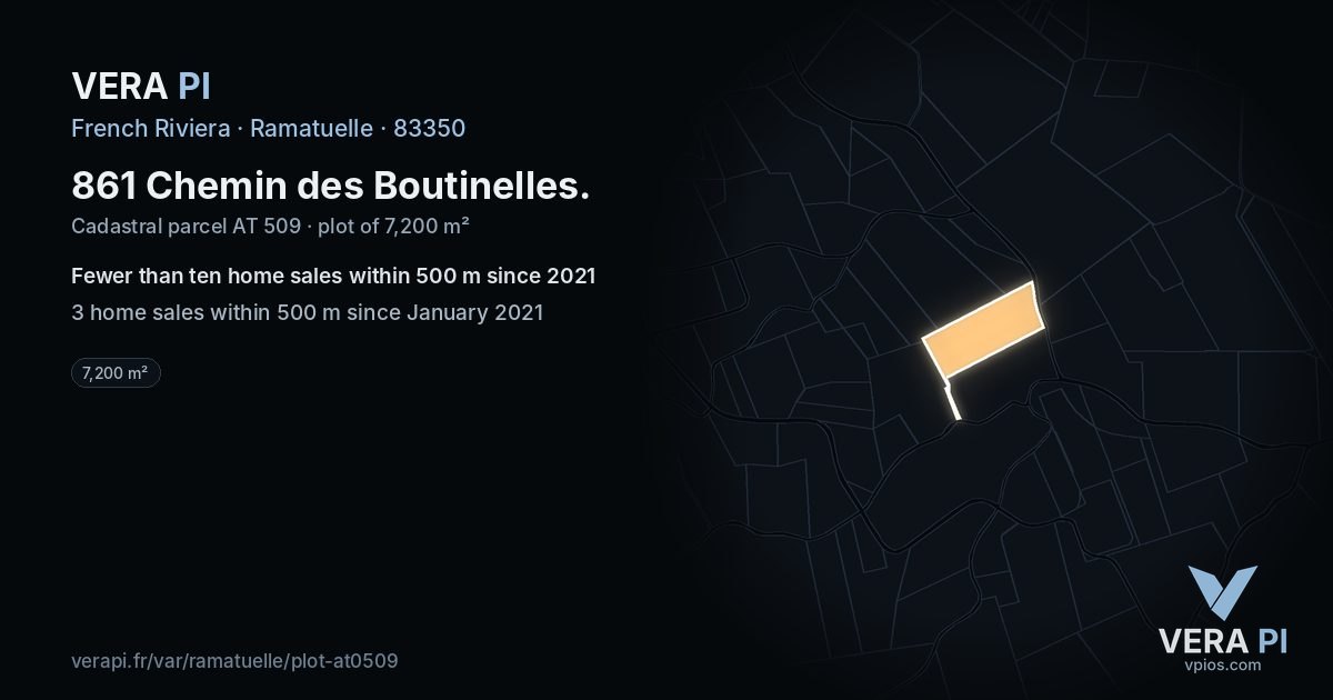 861 Chemin des Boutinelles, Ramatuelle at night – the plot lit, the parcels around coloured by the prices near them