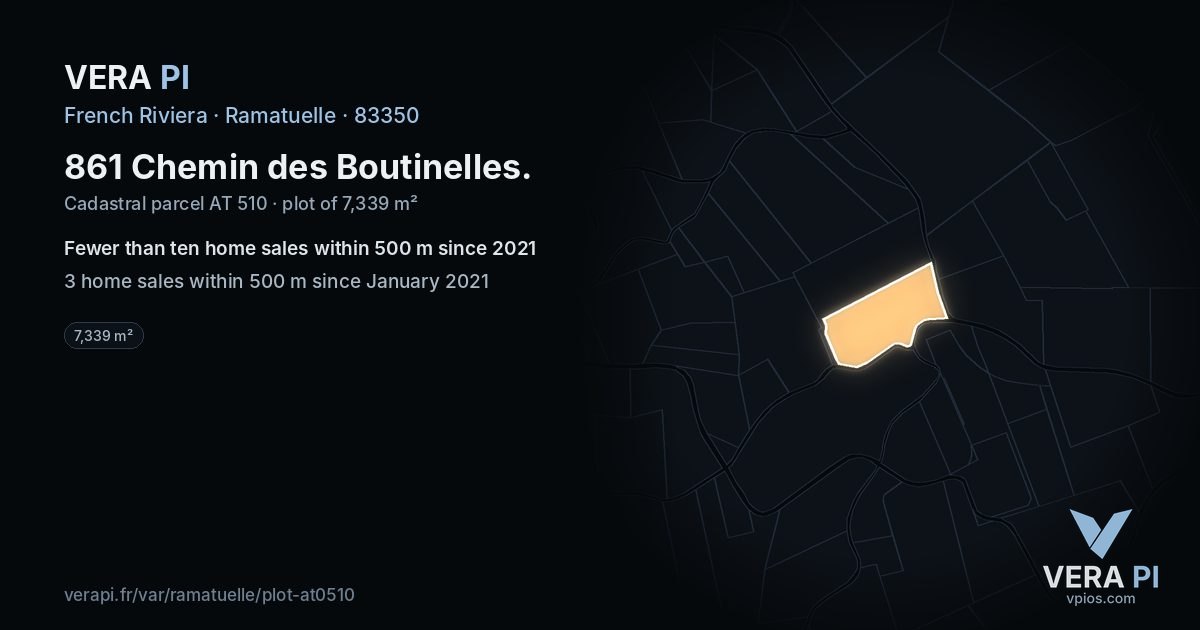 861 Chemin des Boutinelles, Ramatuelle at night – the plot lit, the parcels around coloured by the prices near them