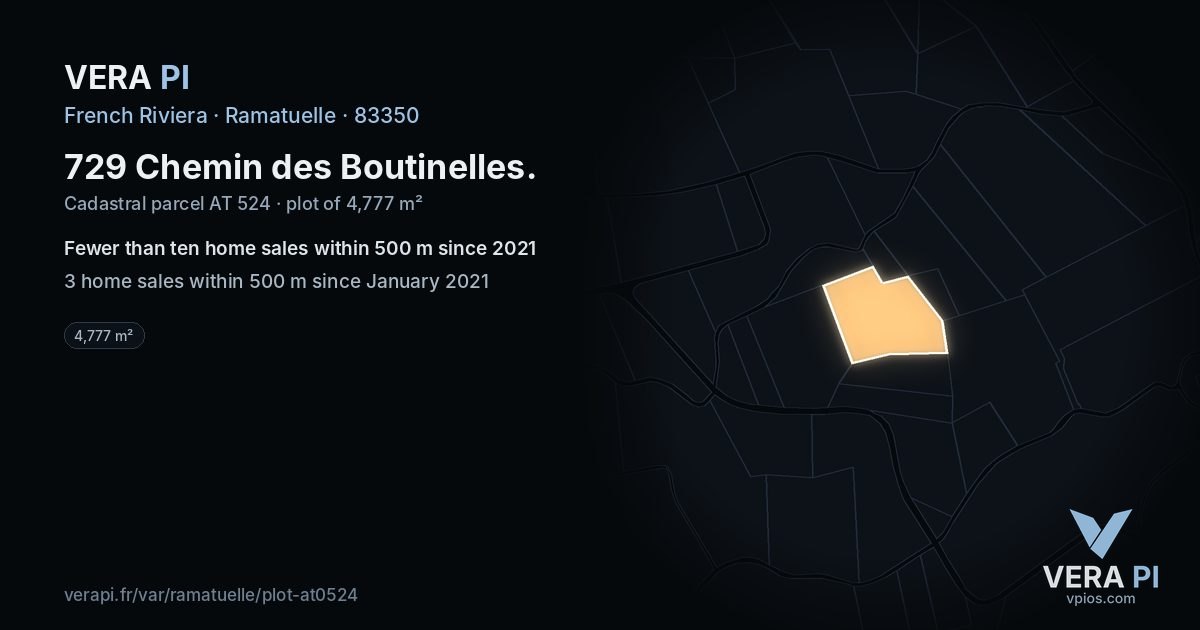 729 Chemin des Boutinelles, Ramatuelle at night – the plot lit, the parcels around coloured by the prices near them
