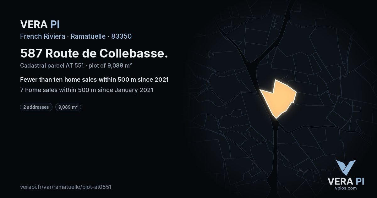 587 Route de Collebasse, Ramatuelle at night – the plot lit, the parcels around coloured by the prices near them