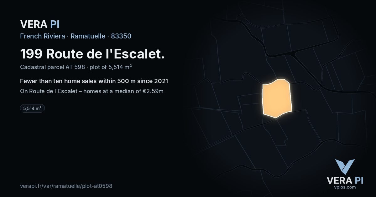 199 Route de l'Escalet, Ramatuelle at night – the plot lit, the parcels around coloured by the prices near them