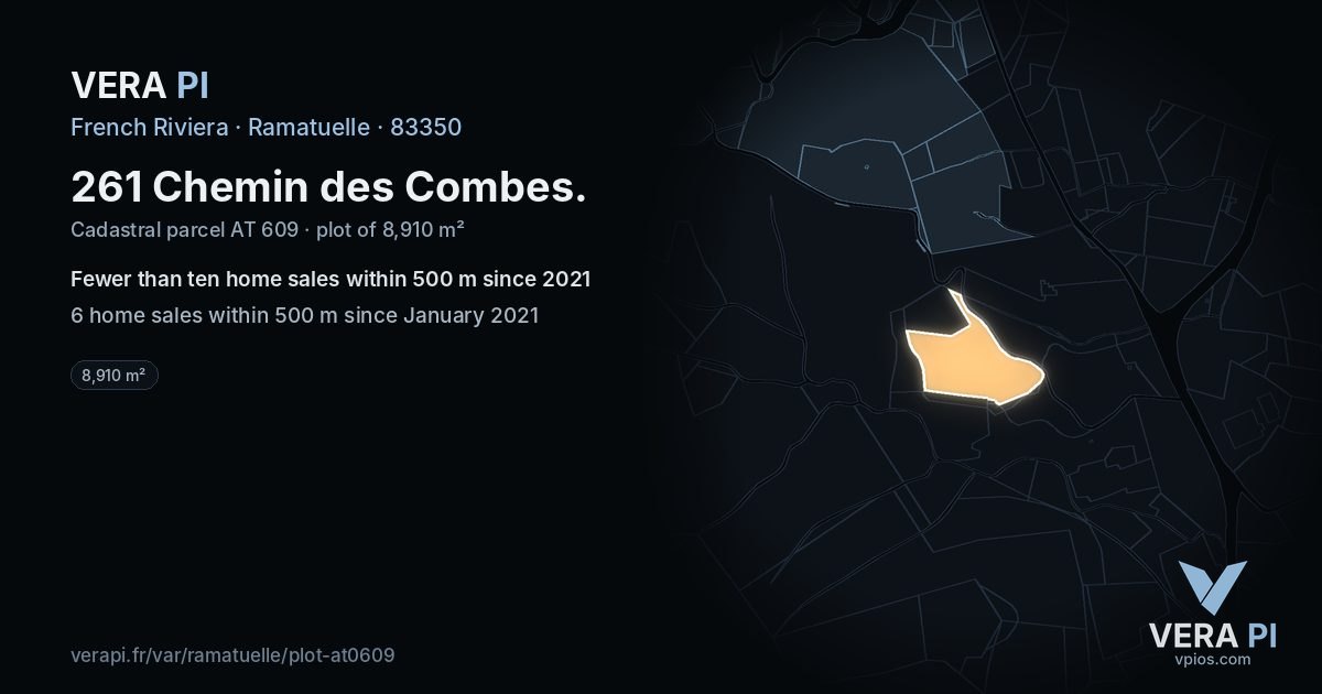 261 Chemin des Combes, Ramatuelle at night – the plot lit, the parcels around coloured by the prices near them