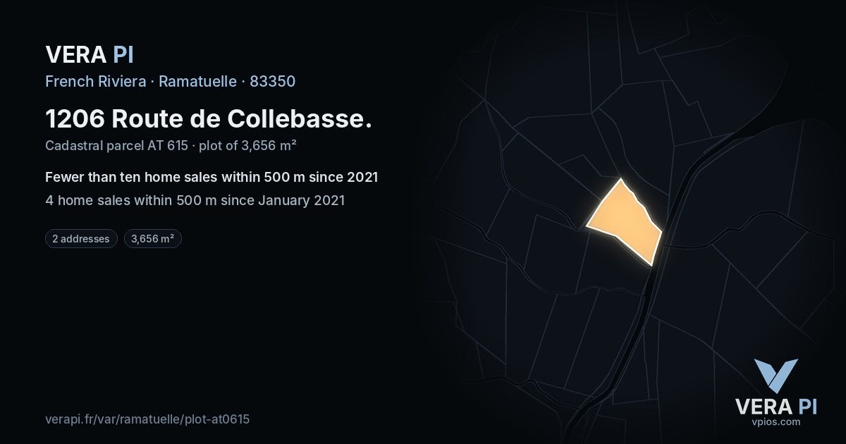 1206 Route de Collebasse, Ramatuelle at night – the plot lit, the parcels around coloured by the prices near them