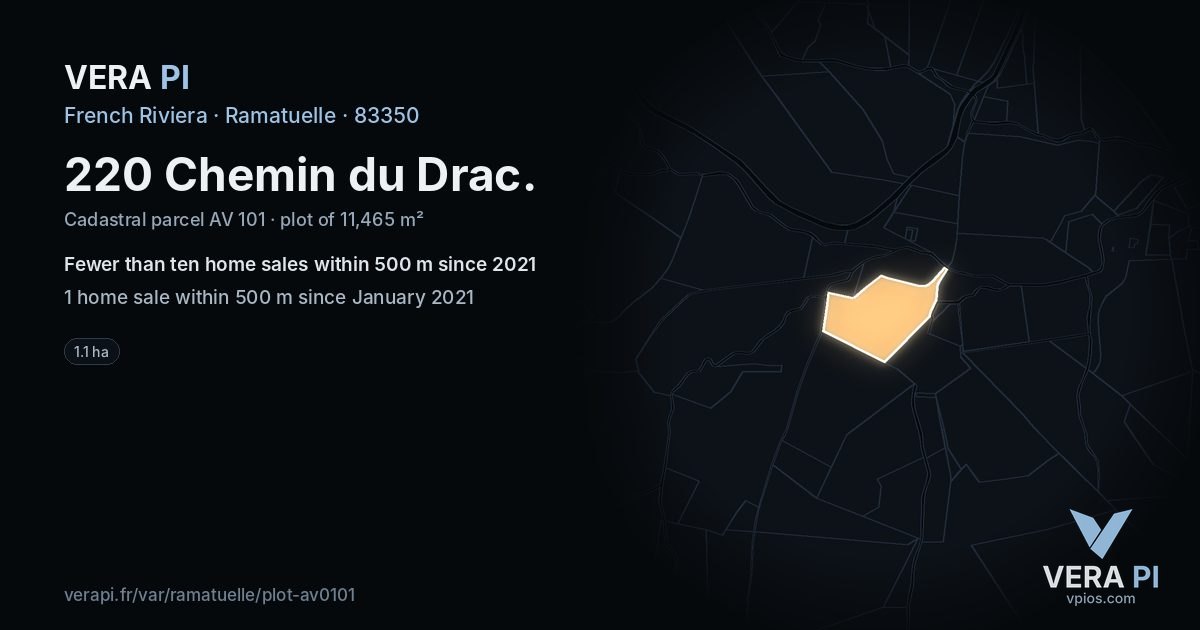 220 Chemin du Drac, Ramatuelle at night – the plot lit, the parcels around coloured by the prices near them