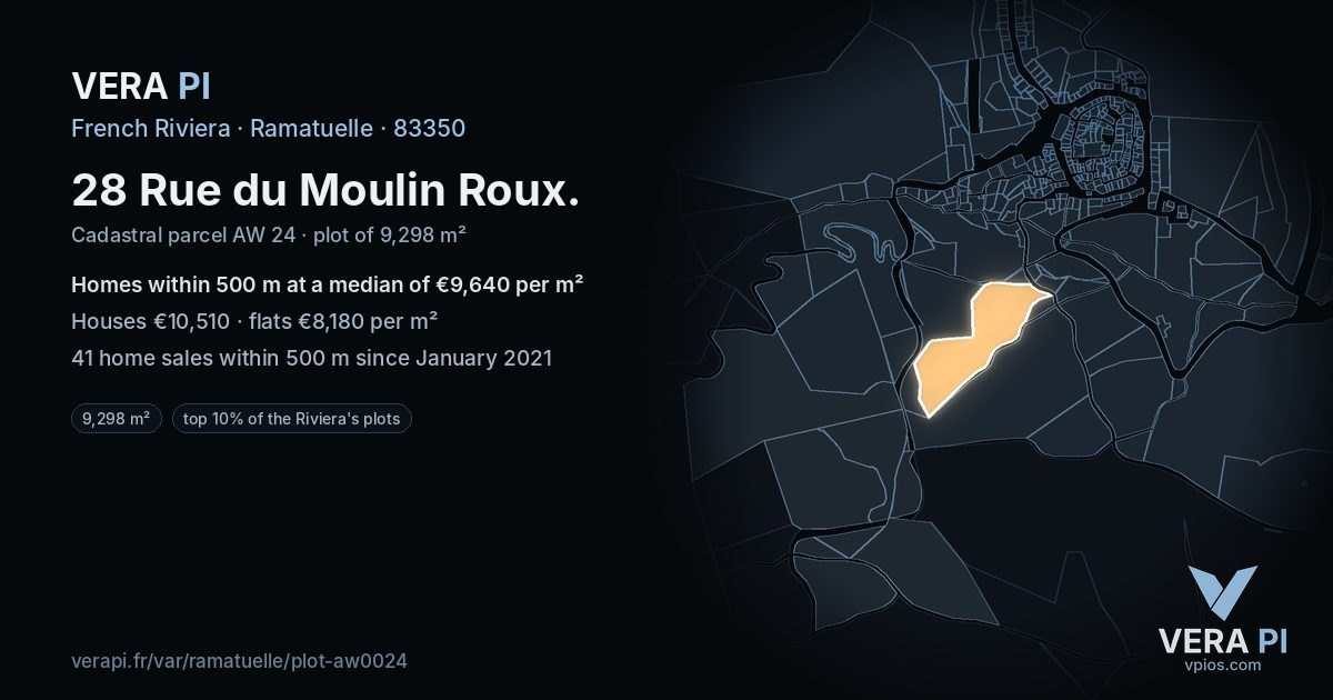 28 Rue du Moulin Roux, Ramatuelle at night – the plot lit, the parcels around coloured by the prices near them