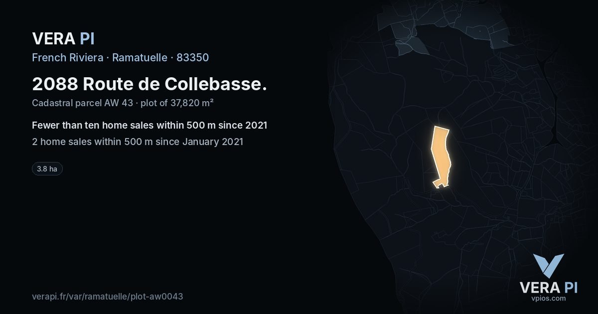 2088 Route de Collebasse, Ramatuelle at night – the plot lit, the parcels around coloured by the prices near them