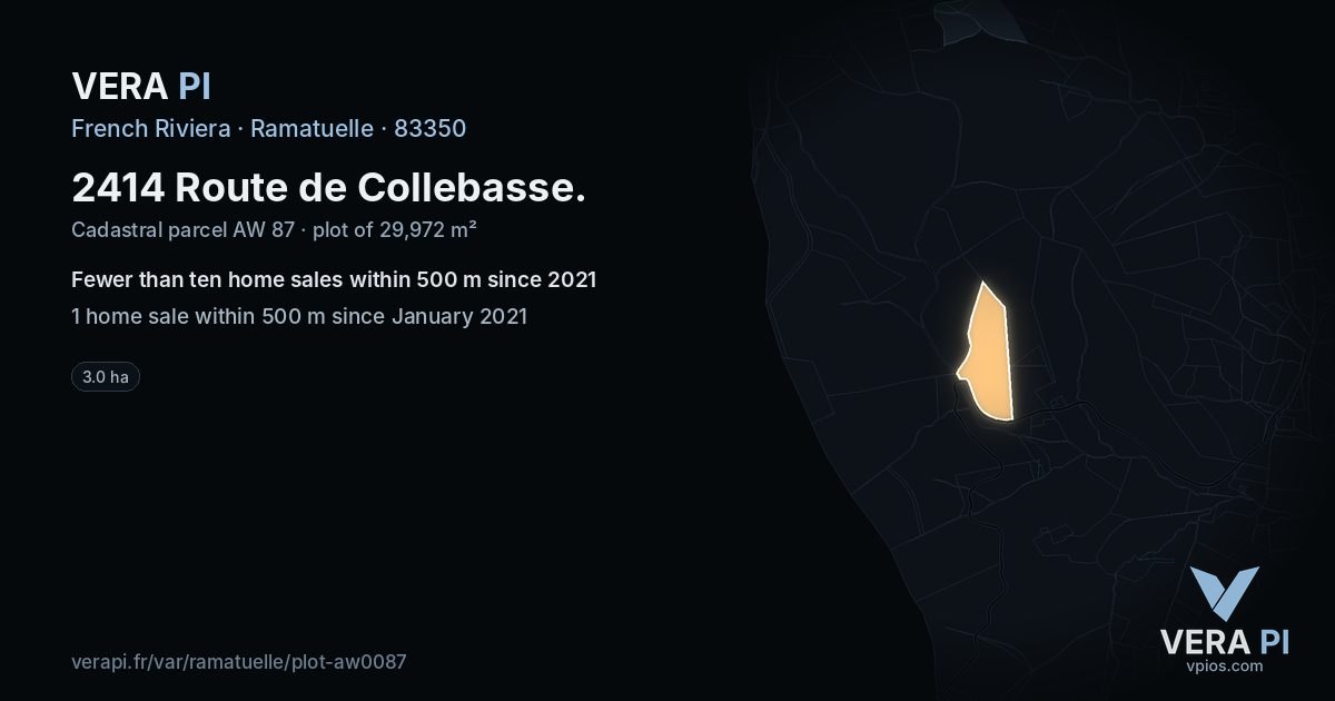 2414 Route de Collebasse, Ramatuelle at night – the plot lit, the parcels around coloured by the prices near them