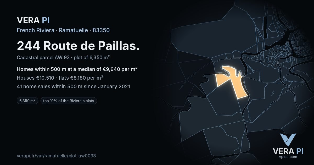 244 Route de Paillas, Ramatuelle at night – the plot lit, the parcels around coloured by the prices near them