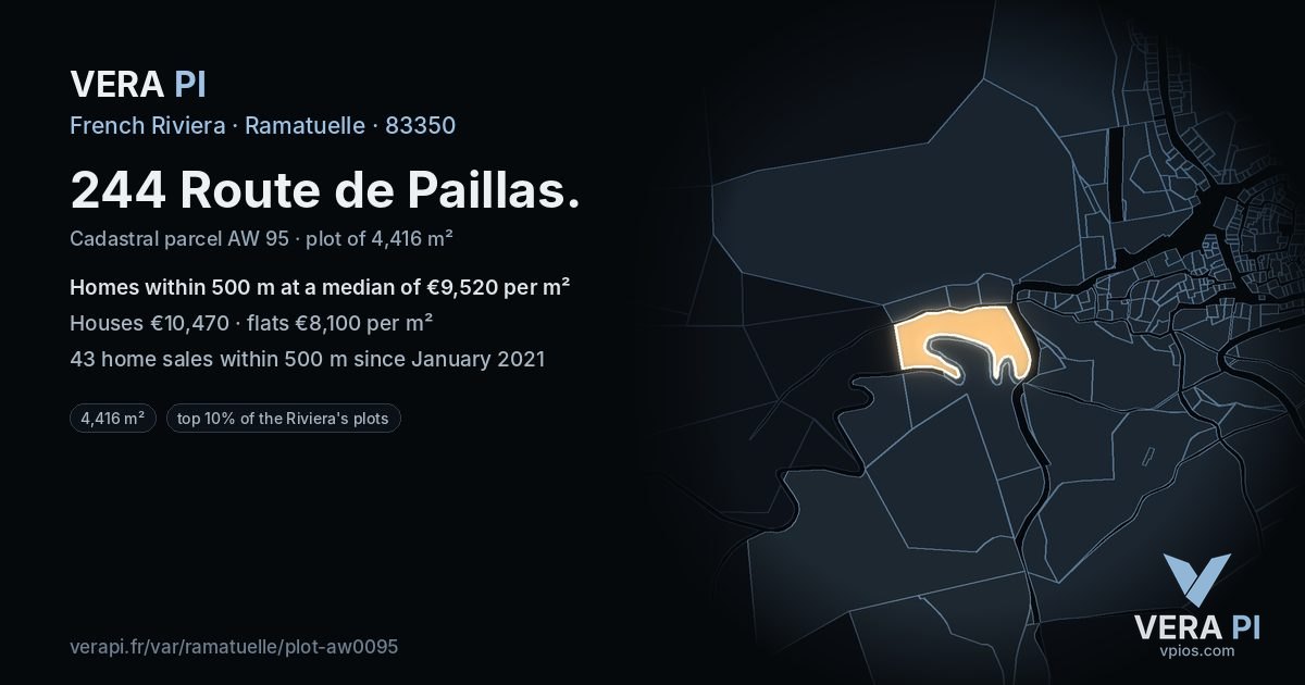 244 Route de Paillas, Ramatuelle at night – the plot lit, the parcels around coloured by the prices near them