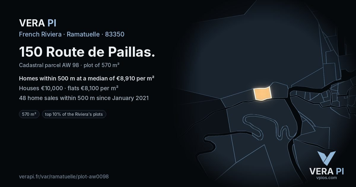 150 Route de Paillas, Ramatuelle at night – the plot lit, the parcels around coloured by the prices near them