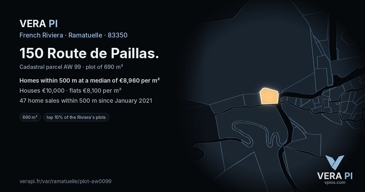 150 Route de Paillas, Ramatuelle at night – the plot lit, the parcels around coloured by the prices near them