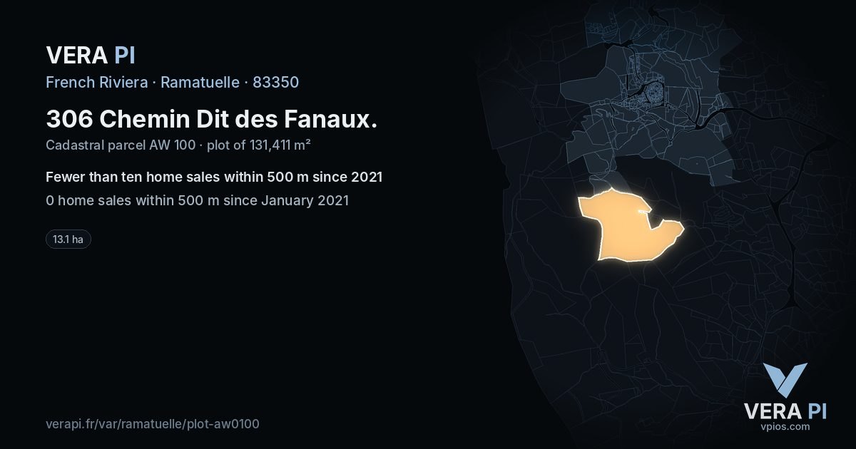 306 Chemin Dit des Fanaux, Ramatuelle at night – the plot lit, the parcels around coloured by the prices near them