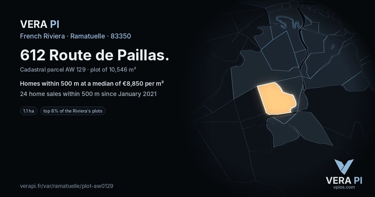 612 Route de Paillas, Ramatuelle at night – the plot lit, the parcels around coloured by the prices near them
