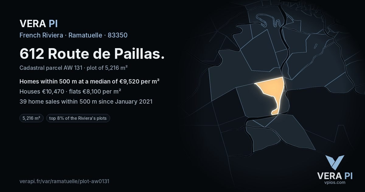 612 Route de Paillas, Ramatuelle at night – the plot lit, the parcels around coloured by the prices near them