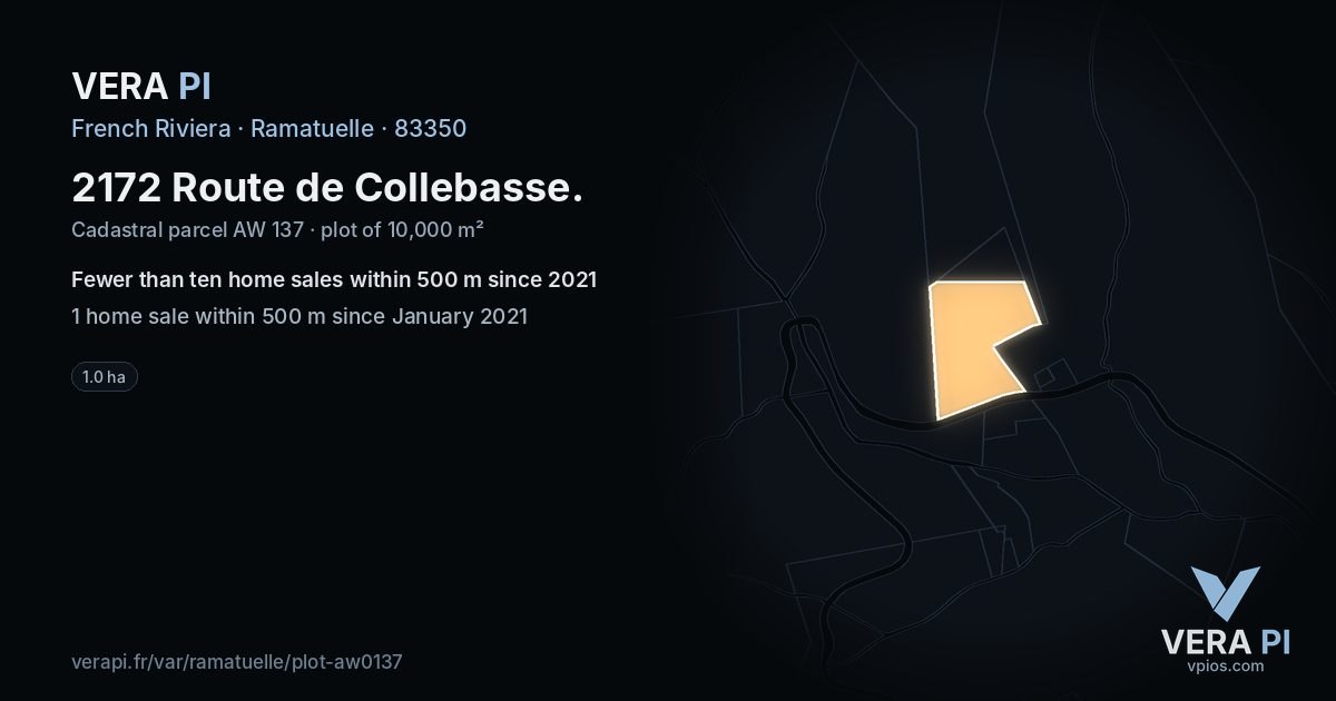 2172 Route de Collebasse, Ramatuelle at night – the plot lit, the parcels around coloured by the prices near them