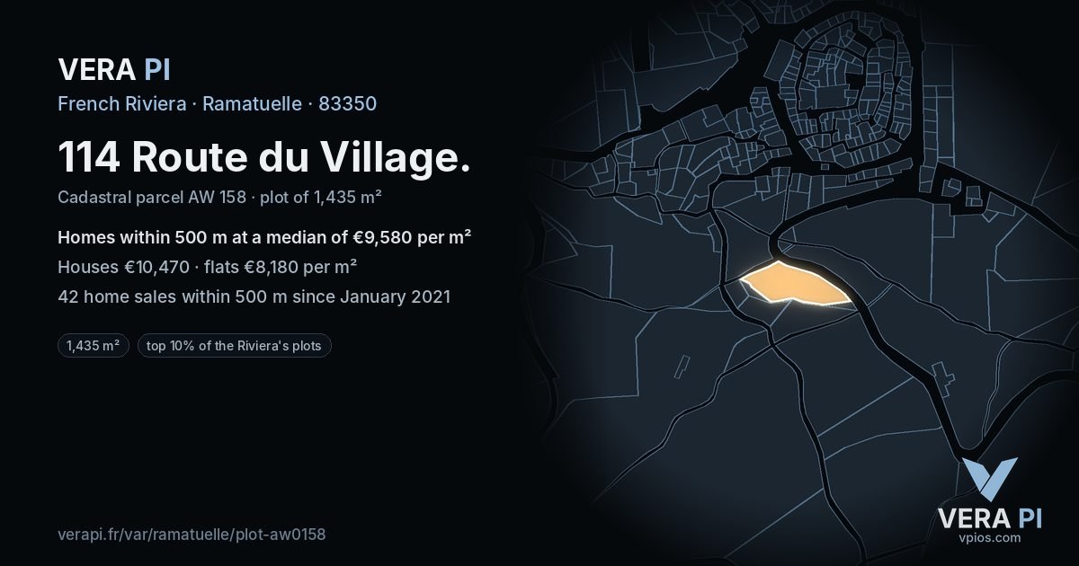 114 Route du Village, Ramatuelle at night – the plot lit, the parcels around coloured by the prices near them