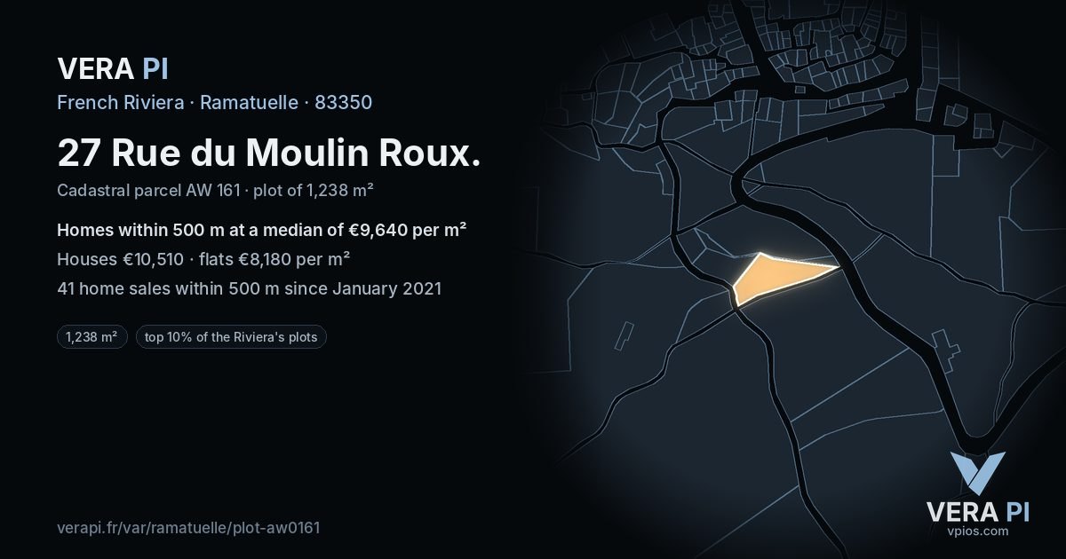 27 Rue du Moulin Roux, Ramatuelle at night – the plot lit, the parcels around coloured by the prices near them