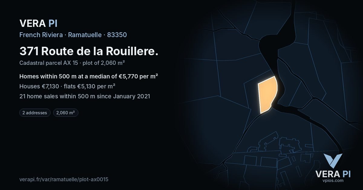 371 Route de la Rouillere, Ramatuelle at night – the plot lit, the parcels around coloured by the prices near them
