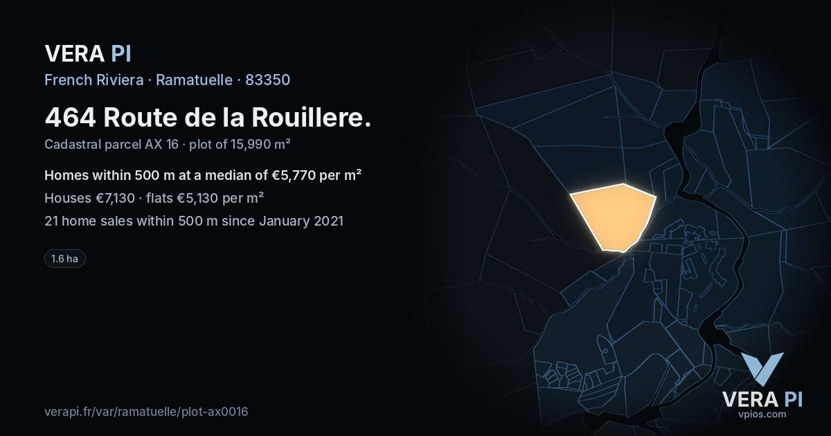 464 Route de la Rouillere, Ramatuelle at night – the plot lit, the parcels around coloured by the prices near them