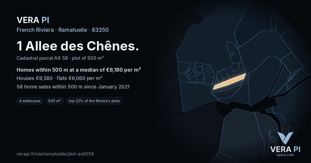 1 Allee des Chênes, Ramatuelle at night – the plot lit, the parcels around coloured by the prices near them