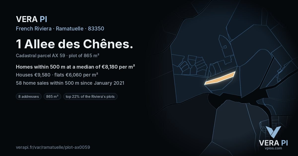 1 Allee des Chênes, Ramatuelle at night – the plot lit, the parcels around coloured by the prices near them