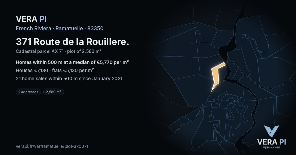 371 Route de la Rouillere, Ramatuelle at night – the plot lit, the parcels around coloured by the prices near them
