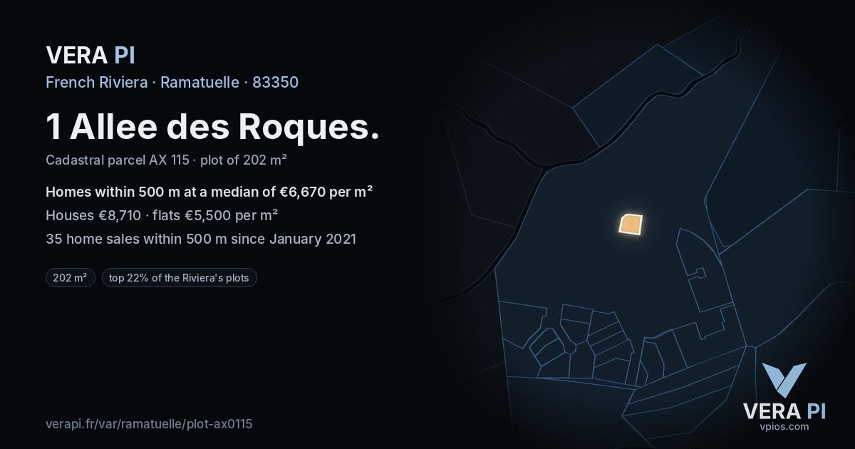 1 Allee des Roques, Ramatuelle at night – the plot lit, the parcels around coloured by the prices near them