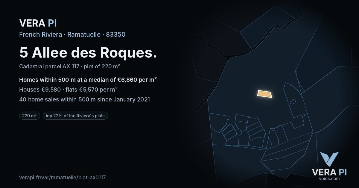 5 Allee des Roques, Ramatuelle at night – the plot lit, the parcels around coloured by the prices near them