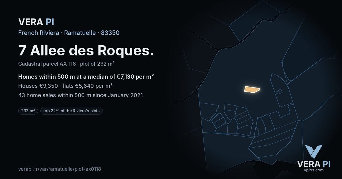 7 Allee des Roques, Ramatuelle at night – the plot lit, the parcels around coloured by the prices near them