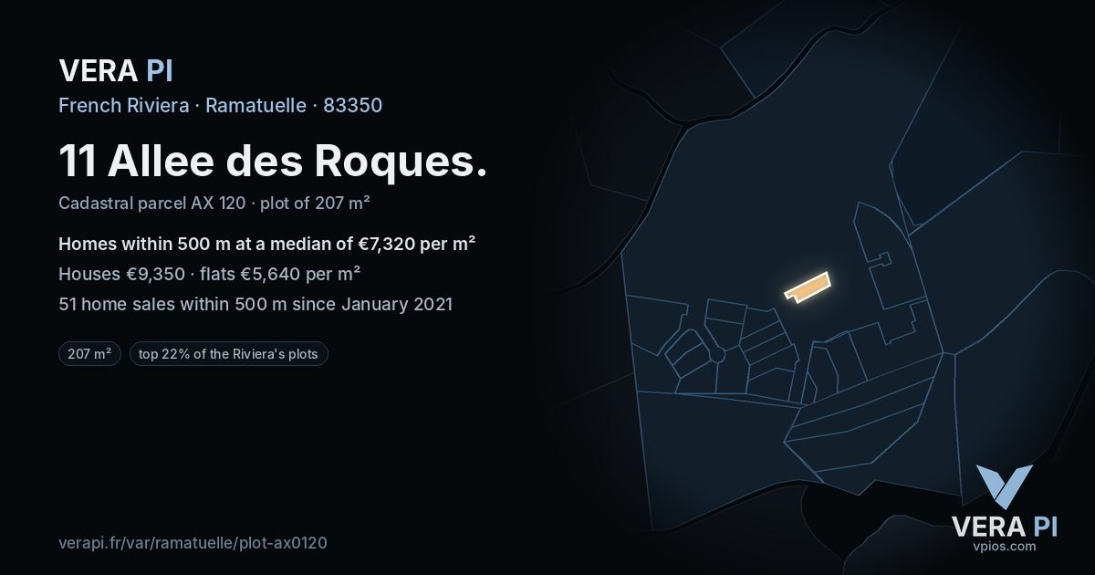 11 Allee des Roques, Ramatuelle at night – the plot lit, the parcels around coloured by the prices near them