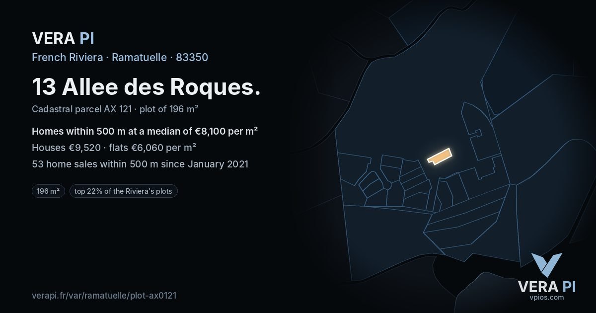 13 Allee des Roques, Ramatuelle at night – the plot lit, the parcels around coloured by the prices near them