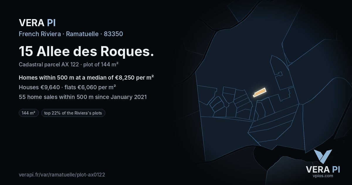 15 Allee des Roques, Ramatuelle at night – the plot lit, the parcels around coloured by the prices near them